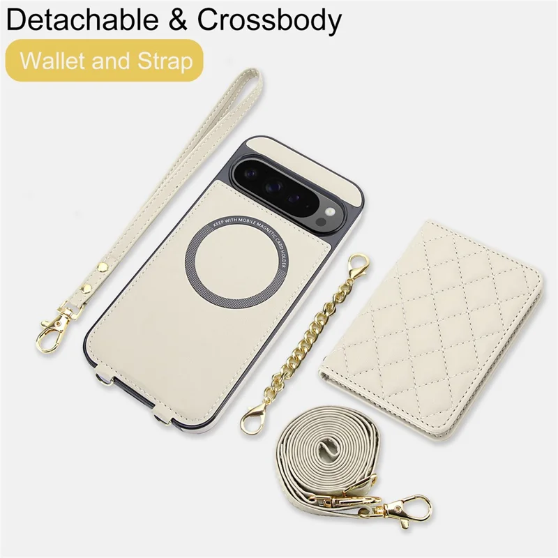 For Google Pixel 10 Pro XL Magnetic Case Detachable Card Holder Kickstand PU Leather Phone Back Cover with Wrist Strap + Long Strap - White