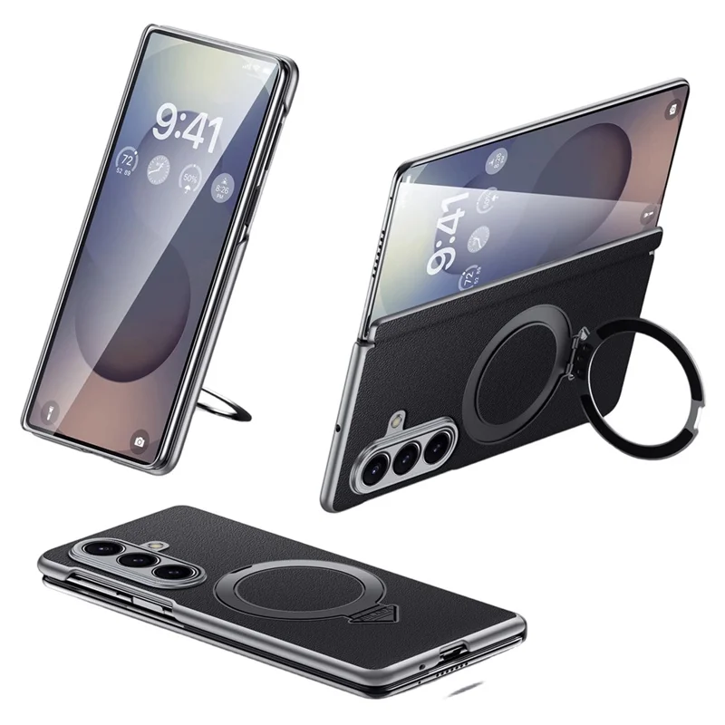 For Samsung Galaxy Z Fold7 5G Magnetic Case Genuine Cow Leather + PC Kickstand Phone Cover - Black