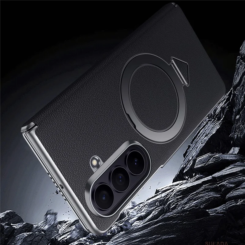 For Samsung Galaxy Z Fold7 5G Magnetic Case Genuine Cow Leather + PC Kickstand Phone Cover - Black