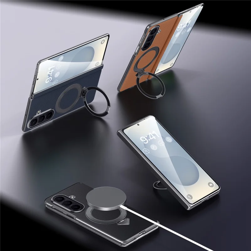 For Samsung Galaxy Z Fold7 5G Magnetic Case Genuine Cow Leather + PC Kickstand Phone Cover - Black