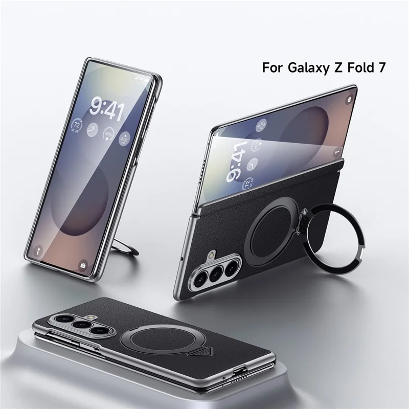 For Samsung Galaxy Z Fold7 5G Magnetic Case Genuine Cow Leather + PC Kickstand Phone Cover - Black
