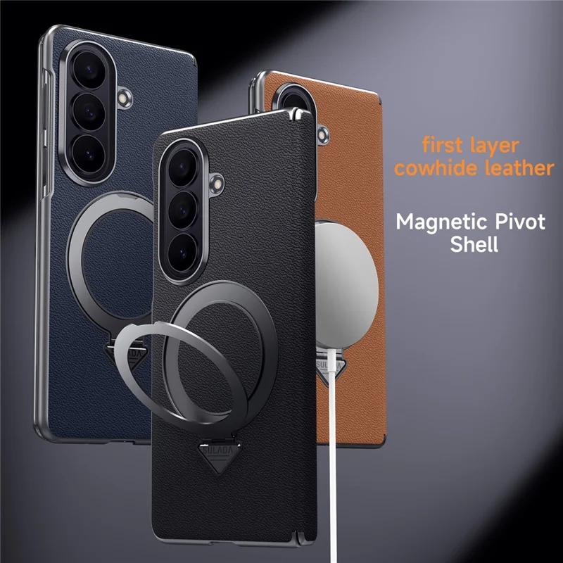 For Samsung Galaxy Z Fold7 5G Magnetic Case Genuine Cow Leather + PC Kickstand Phone Cover - Black