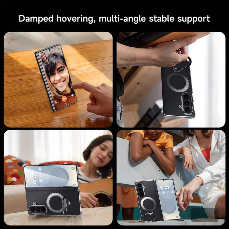 For Samsung Galaxy Z Fold7 5G Magnetic Case Genuine Cow Leather + PC Kickstand Phone Cover - Black