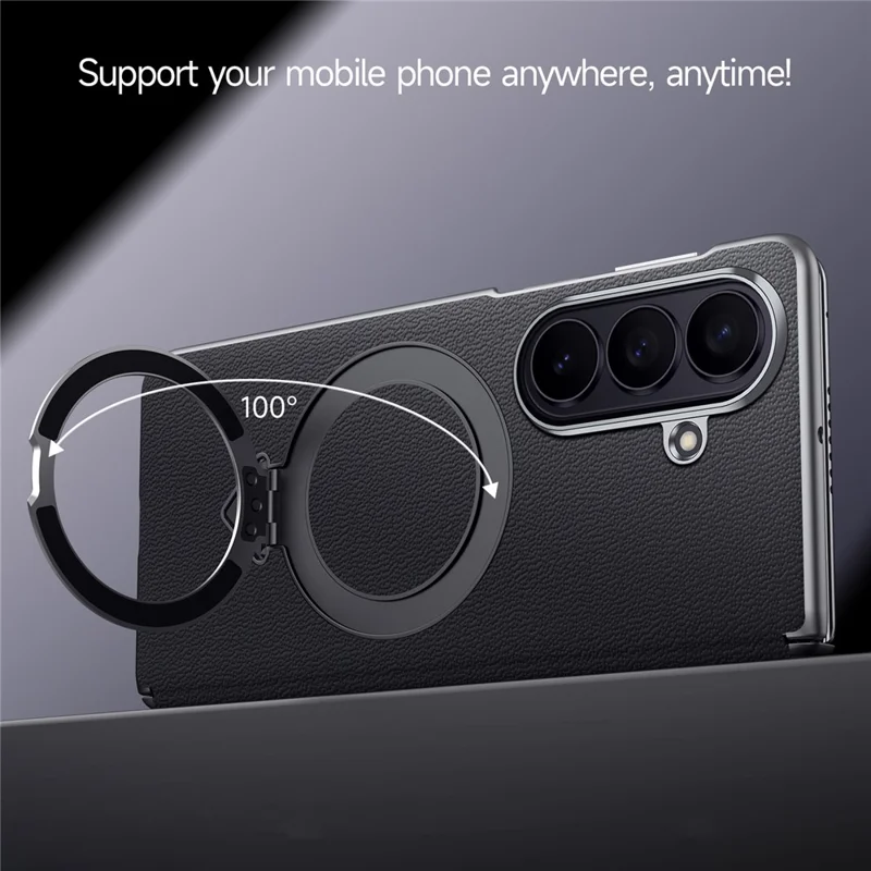 For Samsung Galaxy Z Fold7 5G Magnetic Case Genuine Cow Leather + PC Kickstand Phone Cover - Black