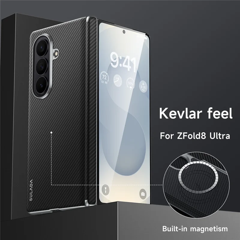 SULADA For Samsung Galaxy Z Fold8 Ultra Magnetic Case Leather+PC Phone Cover Carbon Fiber Texture - Black
