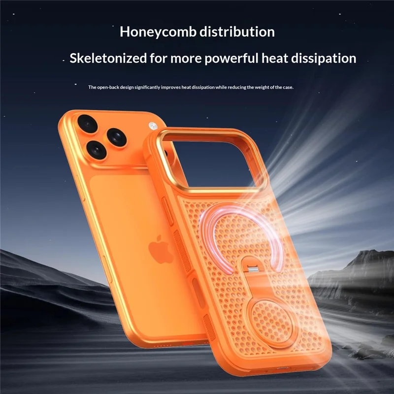 For iPhone 18 Pro / 17 Pro Magnetic Case with 360° Rotating Ring Kickstand Heat Dissipation Honeycomb PC TPU Cover Compatible with Magsafe - Orange