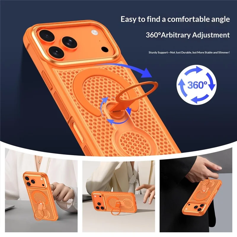 For iPhone 18 Pro / 17 Pro Magnetic Case with 360° Rotating Ring Kickstand Heat Dissipation Honeycomb PC TPU Cover Compatible with Magsafe - Orange