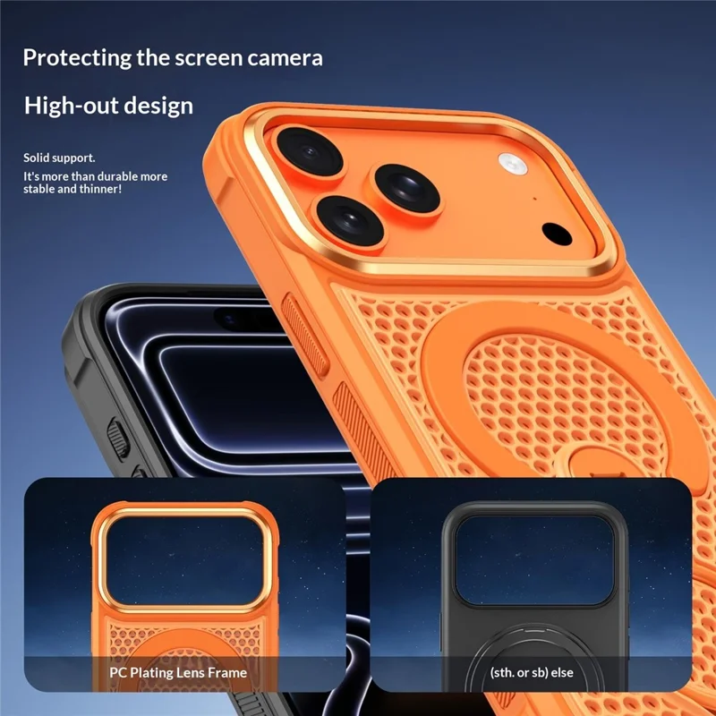 For iPhone 18 Pro / 17 Pro Magnetic Case with 360° Rotating Ring Kickstand Heat Dissipation Honeycomb PC TPU Cover Compatible with Magsafe - Orange