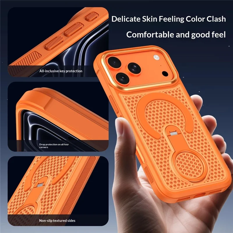 Für iPhone 18 Pro Max Magnetisches Case mit 360° drehbarem Ringständer, Wärmeableitung, Honigwabengitter PC+TPU Hülle kompatibel mit Magsafe – Orange