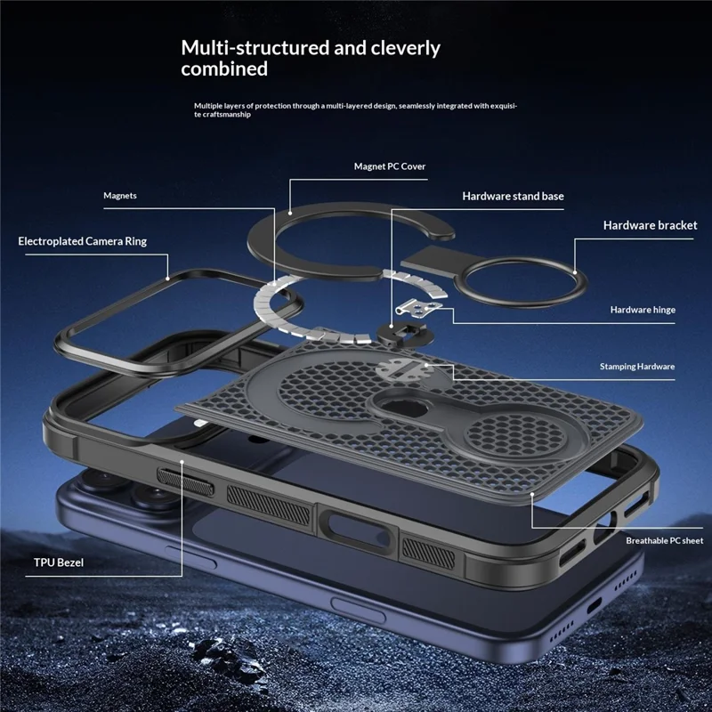 Für iPhone 18 Pro Max Magnetisches Case mit 360° drehbarem Ringständer, Wärmeableitung, Honigwabengitter PC+TPU Hülle kompatibel mit Magsafe – Orange
