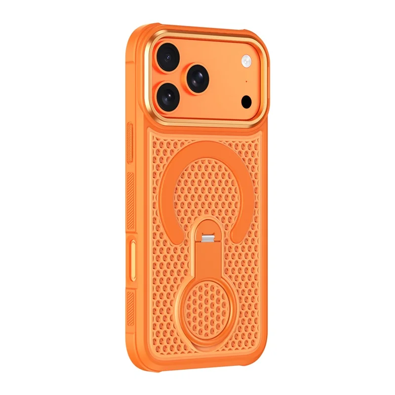 Für iPhone 18 Pro Max Magnetisches Case mit 360° drehbarem Ringständer, Wärmeableitung, Honigwabengitter PC+TPU Hülle kompatibel mit Magsafe – Orange
