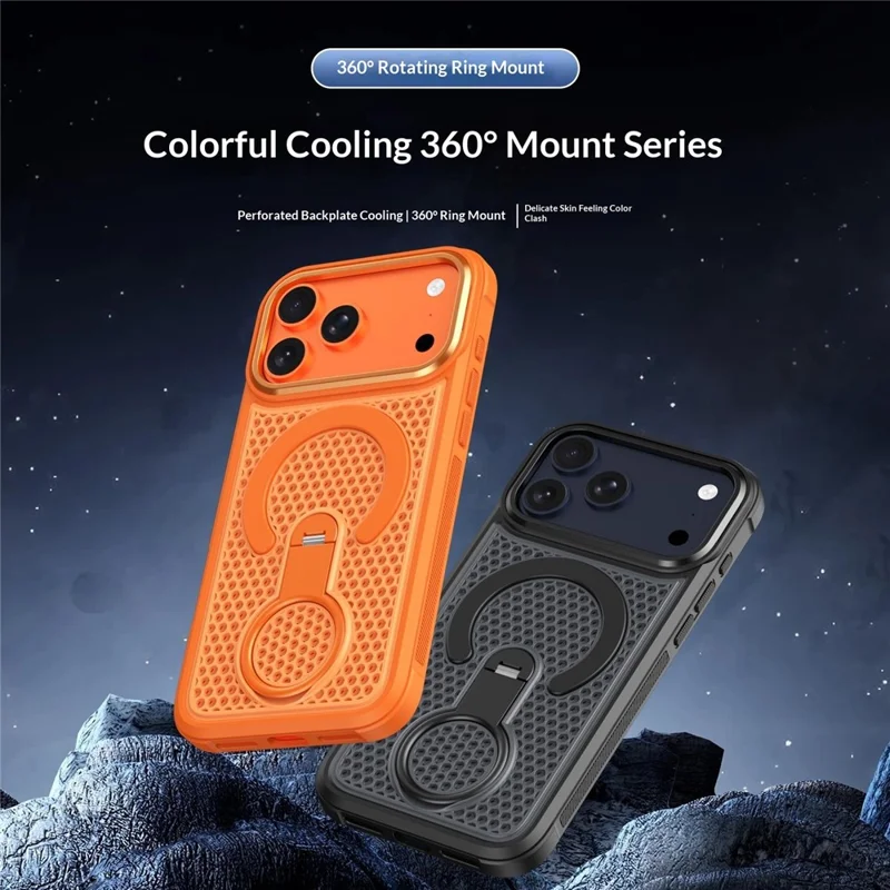 Für iPhone 18 Pro Max Magnetisches Case mit 360° drehbarem Ringständer, Wärmeableitung, Honigwabengitter PC+TPU Hülle kompatibel mit Magsafe – Orange
