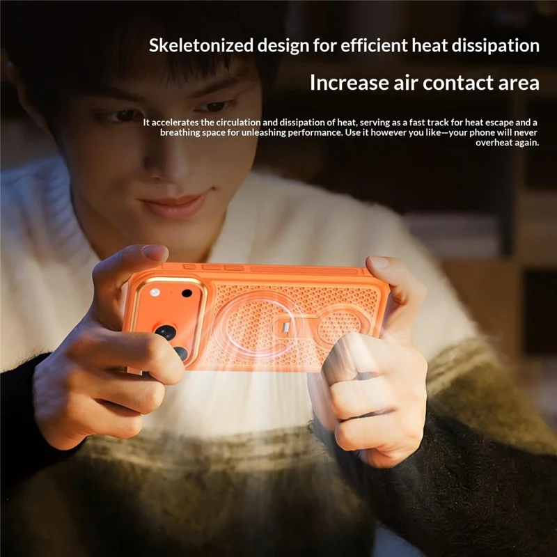 Für iPhone 18 Pro Max Magnetisches Case mit 360° drehbarem Ringständer, Wärmeableitung, Honigwabengitter PC+TPU Hülle kompatibel mit Magsafe – Orange
