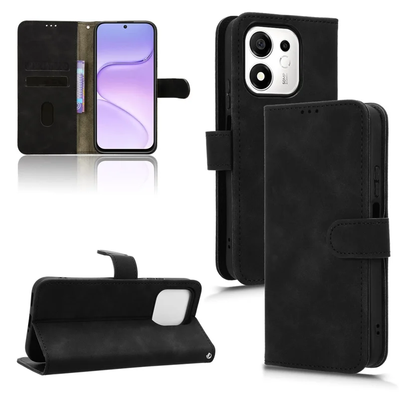 For Honor 600 Smart 5G Lædersnegel Hudpåfølelse Anti-drop Wallet Ståplader Telefonbeskytning - Sort