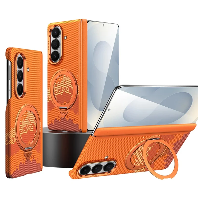 SULADA for Samsung Galaxy Z Fold7 5G Magnetic Case 360° Rotating Ring Kickstand Golden Mountain Pattern PC Slim Phone Cover - Orange