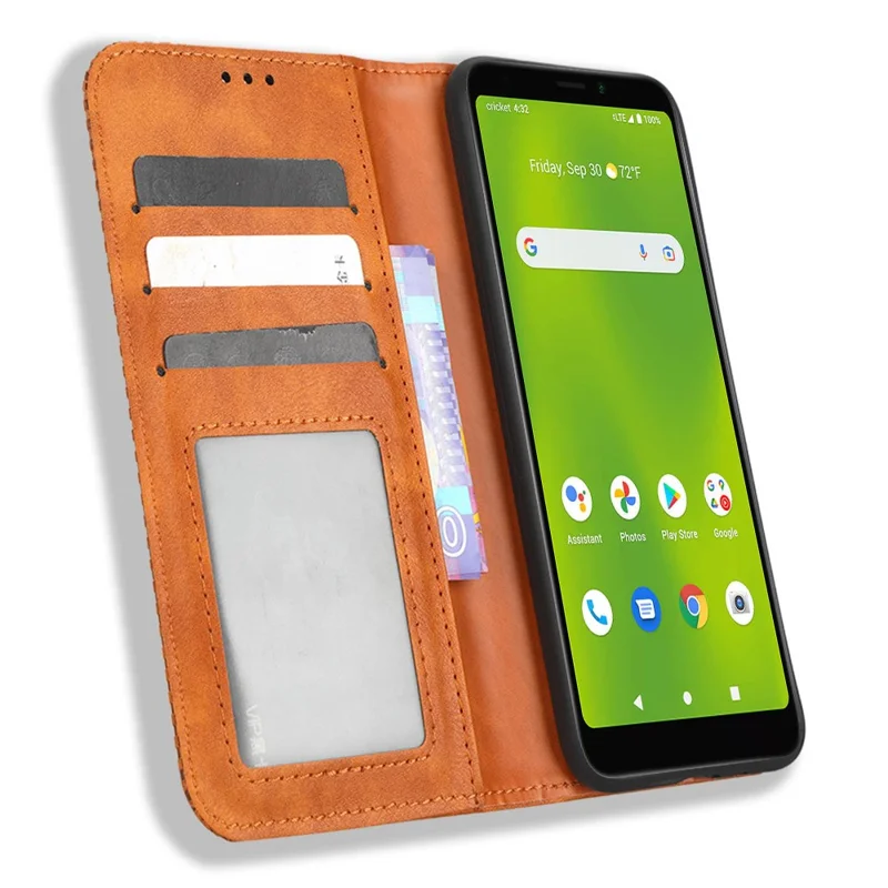 Para Estréia de Críquete, Smart Wallet Retro Textura Textura Caixa Telefone Impresso Padrão PU Couro Magnético Tampa de Telefone de Fechamento Automático - Castanho