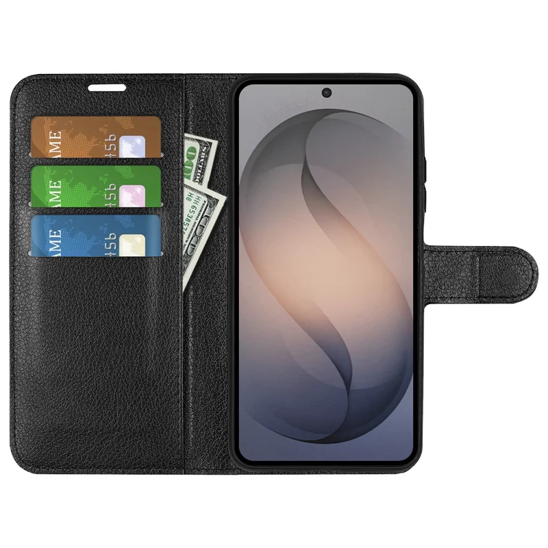 Чехол-кошелек для Samsung Galaxy S26 FE с подставкой, текстура личи, ударопрочный кожаный чехол - Черный