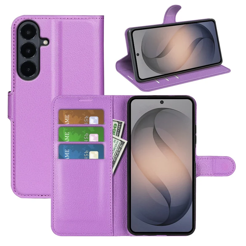 For Samsung Galaxy S26 FE Case Wallet Stand Litchi Texture Shockproof Leather Phone Cover - Purple