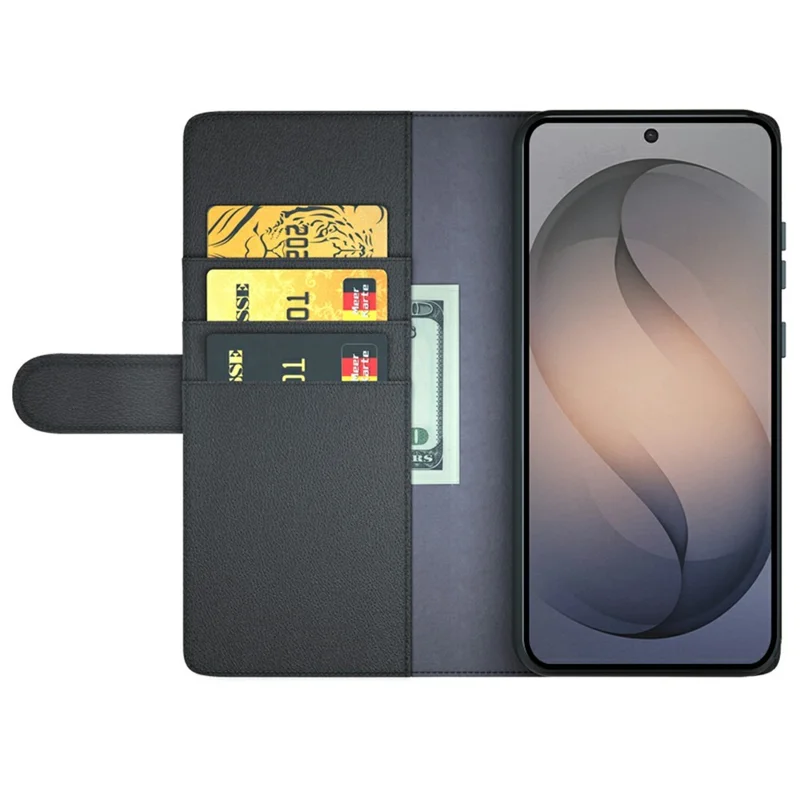 For Samsung Galaxy S26 FE Case Genuine Split Leather Phone Cover with Wallet Stand - Black