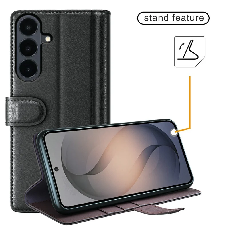 For Samsung Galaxy S26 FE Case Genuine Split Leather Phone Cover with Wallet Stand - Black