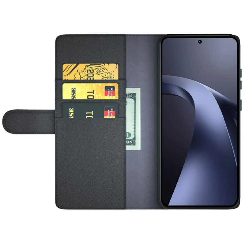 For Xiaomi 17T Pro Case Genuine Split Leather Phone Cover with Wallet Stand - Black