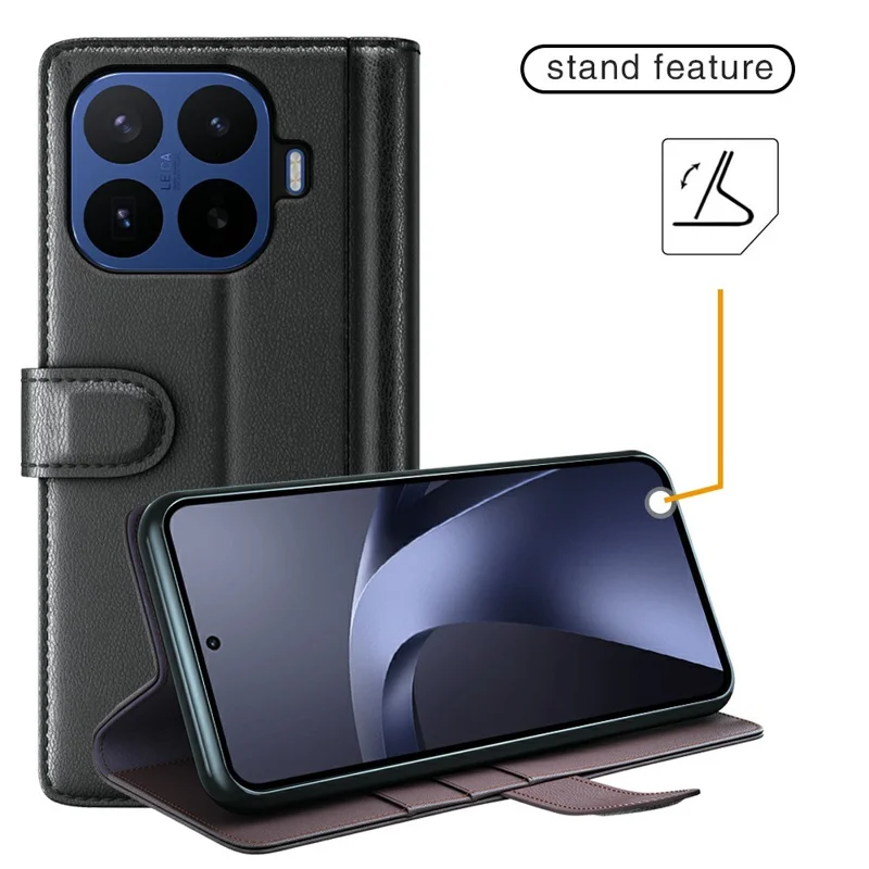 For Xiaomi 17T Pro Case Genuine Split Leather Phone Cover with Wallet Stand - Black