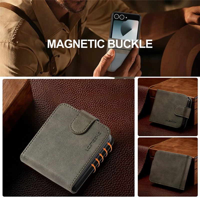 LC.IMEEKE pour Samsung Galaxy Z Flip8 Étui Texturé de Cuir de Veau en Cuir PU - Gris
