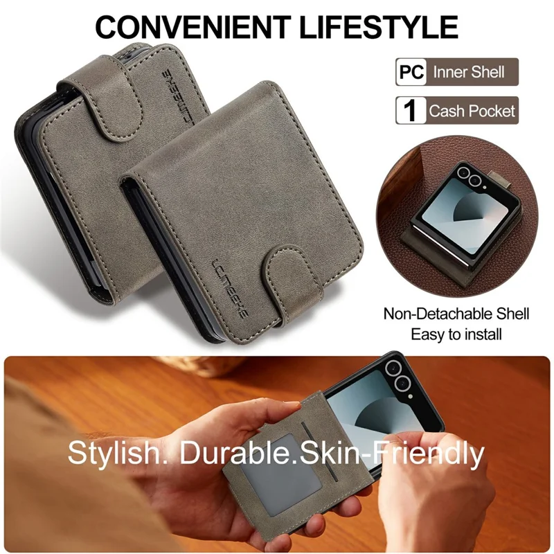 LC.IMEEKE pour Samsung Galaxy Z Flip8 Étui Texturé de Cuir de Veau en Cuir PU - Gris