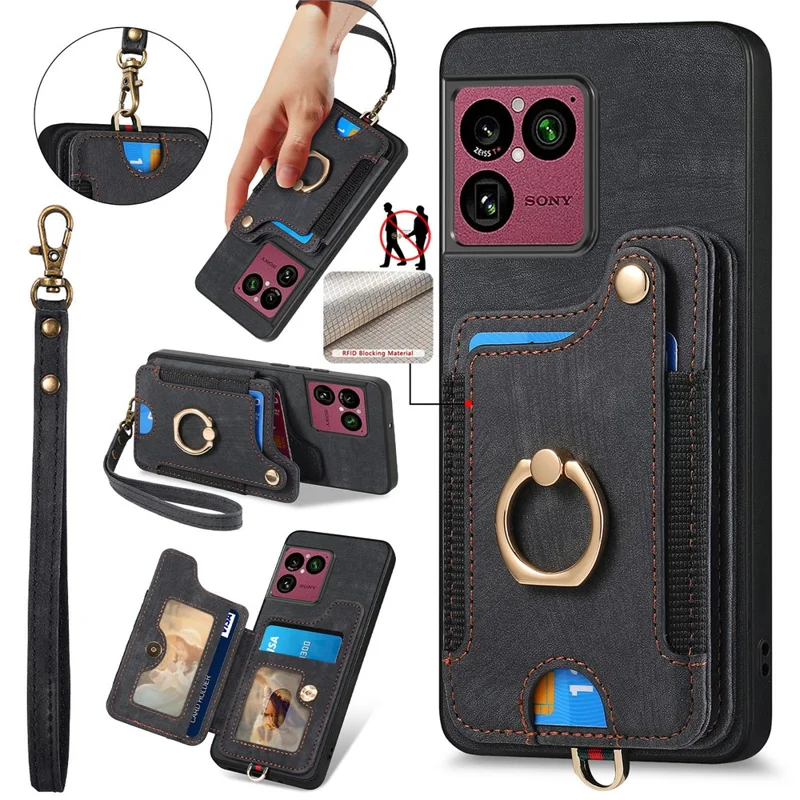 For Sony Xperia 1 VIII Retro PU Leather Case Phone Cover with RFID Blocking Card Holder / Ring Holder - Black