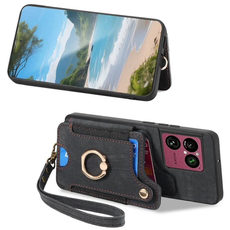 For Sony Xperia 1 VIII Retro PU Leather Case Phone Cover with RFID Blocking Card Holder / Ring Holder - Black