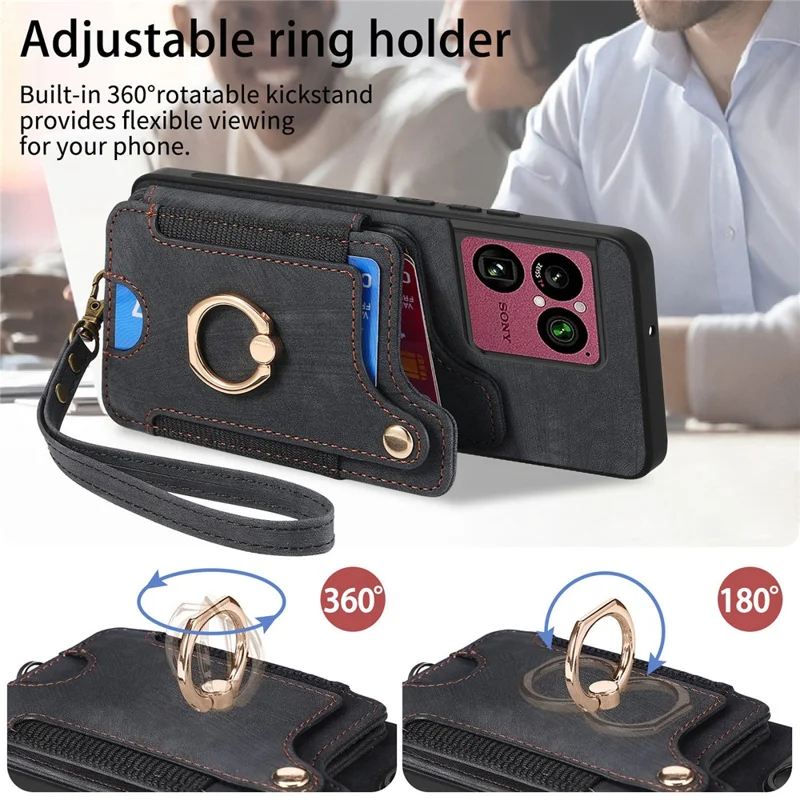 For Sony Xperia 1 VIII Retro PU Leather Case Phone Cover with RFID Blocking Card Holder / Ring Holder - Black