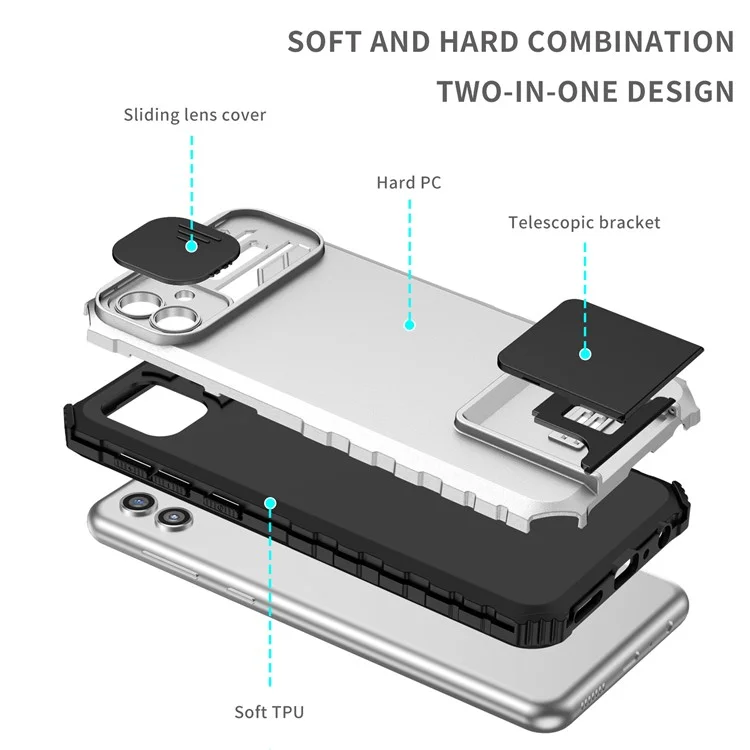 Für Samsung Galaxy A04 4G (164,4 x 76,3 x 9,1 Mm) Schleifkameraschutz PC + TPU Hybrid -hülle Kickstand -mobiltelefonabdeckung - Weiß