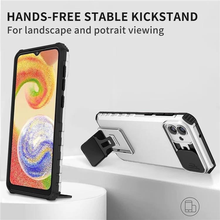 Für Samsung Galaxy A04 4G (164,4 x 76,3 x 9,1 Mm) Schleifkameraschutz PC + TPU Hybrid -hülle Kickstand -mobiltelefonabdeckung - Weiß