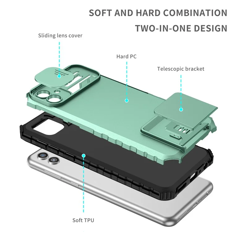 Para Samsung Galaxy A04 4G (164,4 x 76,3 x 9,1 mm) Slide Camera Protection PC + TPU Hybrid Case Kickstand Cell Phone Cover - Baby Blue