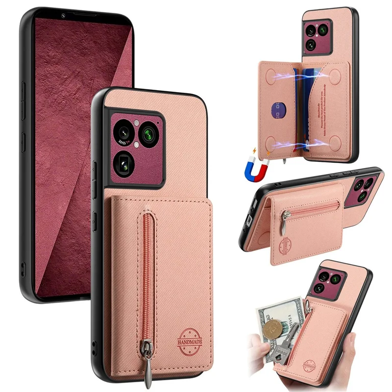 For Sony Xperia 1 VIII Case Zipper Card Holder Kickstand Jeans Cloth Texture Leather Back Cover - Pink