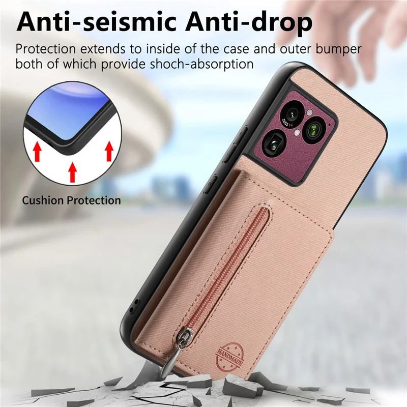 For Sony Xperia 1 VIII Case Zipper Card Holder Kickstand Jeans Cloth Texture Leather Back Cover - Pink