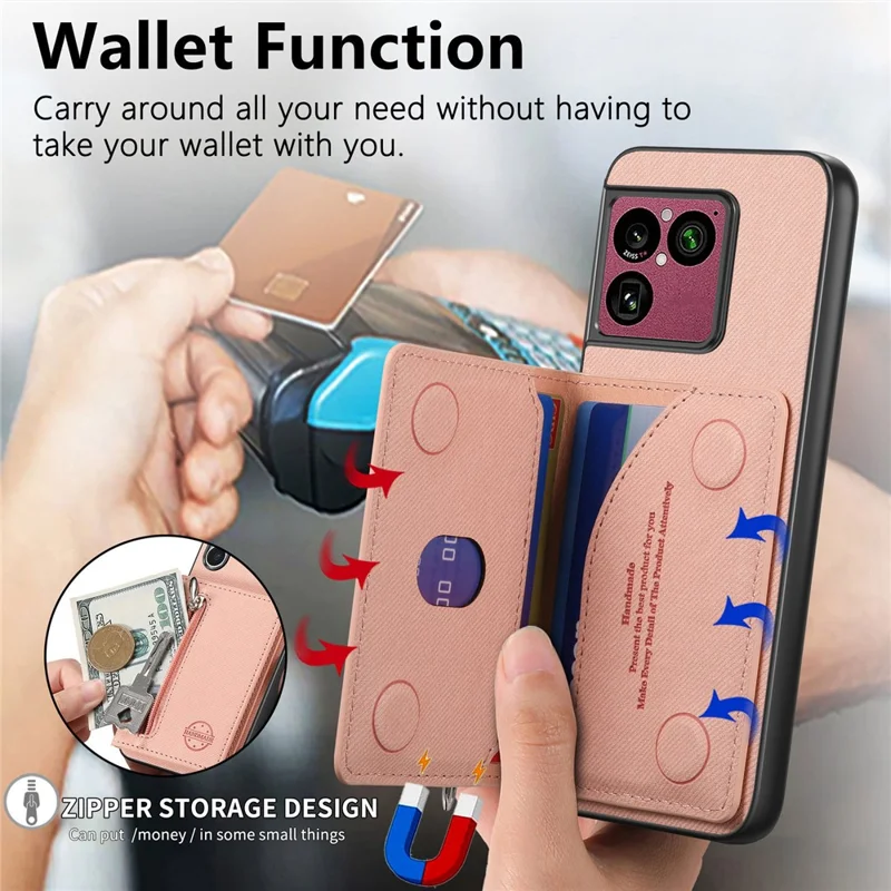 For Sony Xperia 1 VIII Case Zipper Card Holder Kickstand Jeans Cloth Texture Leather Back Cover - Pink