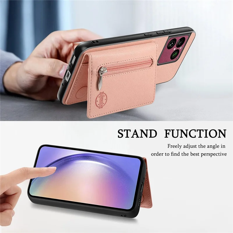 For Sony Xperia 1 VIII Case Zipper Card Holder Kickstand Jeans Cloth Texture Leather Back Cover - Pink