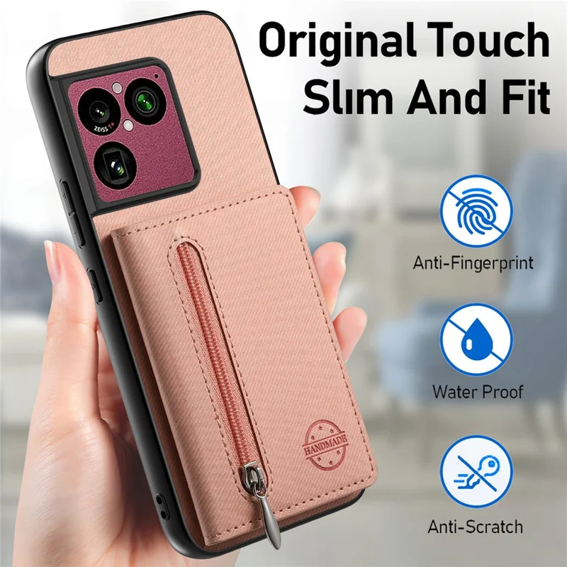 For Sony Xperia 1 VIII Case Zipper Card Holder Kickstand Jeans Cloth Texture Leather Back Cover - Pink