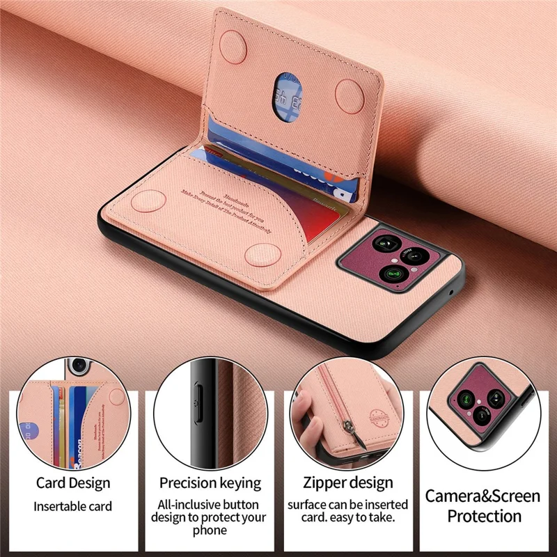 For Sony Xperia 1 VIII Case Zipper Card Holder Kickstand Jeans Cloth Texture Leather Back Cover - Pink