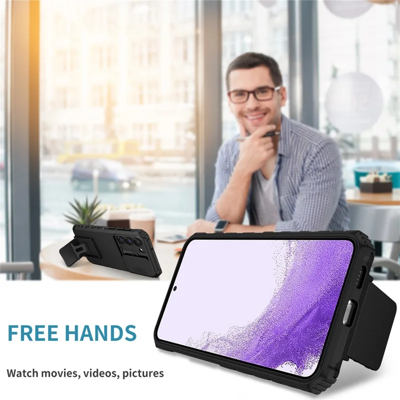 For Samsung Galaxy S23 Kickstand Phone Case Slide Camera Protection PC + TPU Drop-Proof Cover - Black