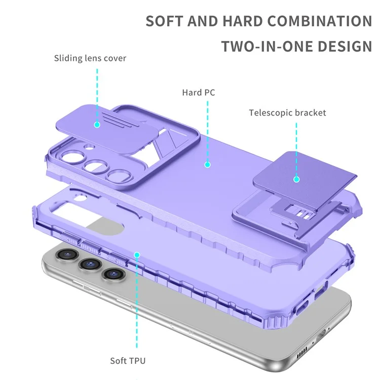 For Samsung Galaxy S23 Kickstand Phone Case Slide Camera Protection PC + TPU Drop-Proof Cover - Purple