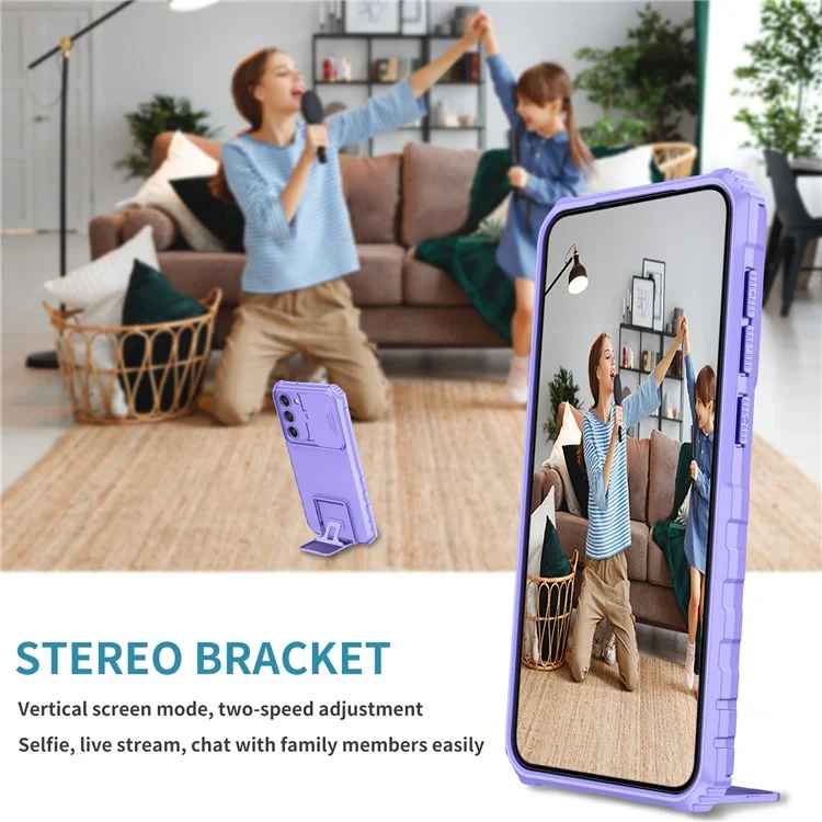 For Samsung Galaxy S23 Kickstand Phone Case Slide Camera Protection PC + TPU Drop-Proof Cover - Purple