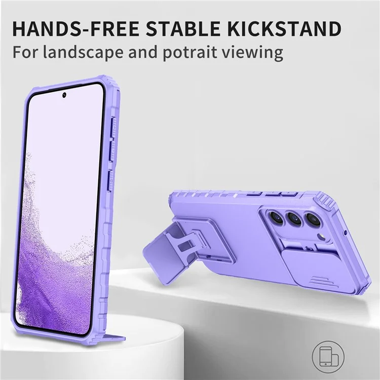 For Samsung Galaxy S23 Kickstand Phone Case Slide Camera Protection PC + TPU Drop-Proof Cover - Purple