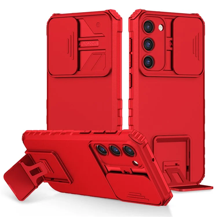 For Samsung Galaxy S23+ Kickstand PC + TPU Phone Case Slide Camera Protector Shockproof Cover - Red