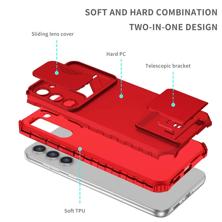 For Samsung Galaxy S23+ Kickstand PC + TPU Phone Case Slide Camera Protector Shockproof Cover - Red