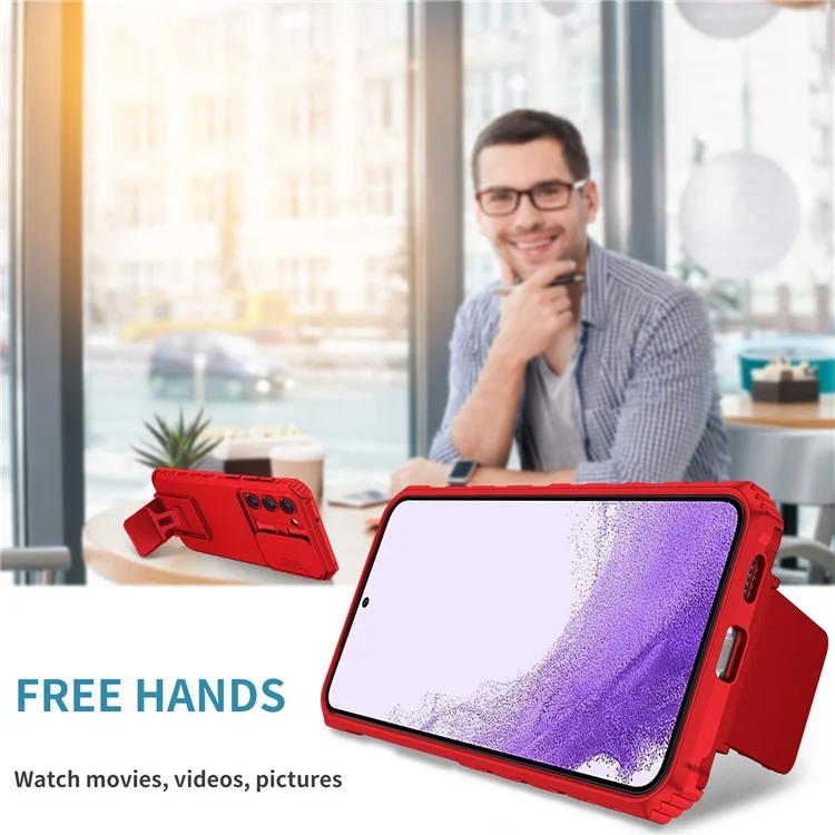 For Samsung Galaxy S23+ Kickstand PC + TPU Phone Case Slide Camera Protector Shockproof Cover - Red