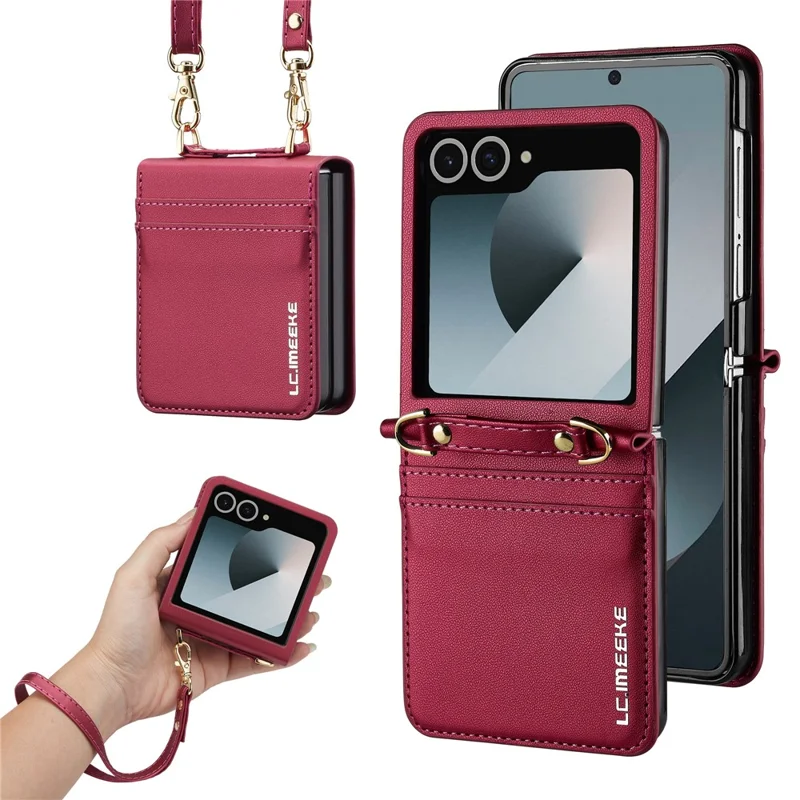 LC.IMEEKE L1 for Samsung Galaxy Z Flip8 Case Leather+PC Phone Cover with Straps Card Slots - Red