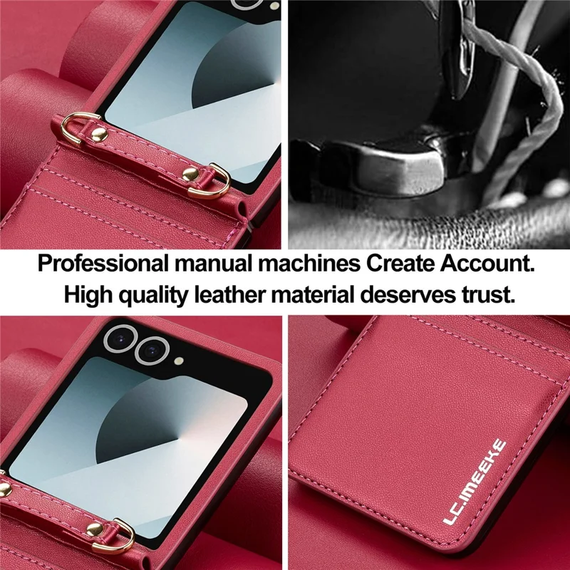 LC.IMEEKE L1 for Samsung Galaxy Z Flip8 Case Leather+PC Phone Cover with Straps Card Slots - Red