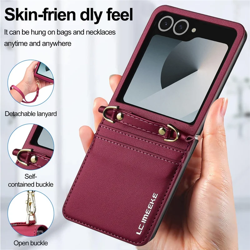 LC.IMEEKE L1 for Samsung Galaxy Z Flip8 Case Leather+PC Phone Cover with Straps Card Slots - Red